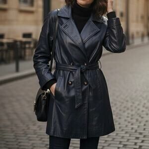 Vintage Vericci Leather Coat Medium Double Breasted Oversized Trench Navy Blue